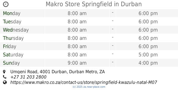 🕗 Makro Store Springfield Durban opening times, Umgeni Road, tel. +27 ...